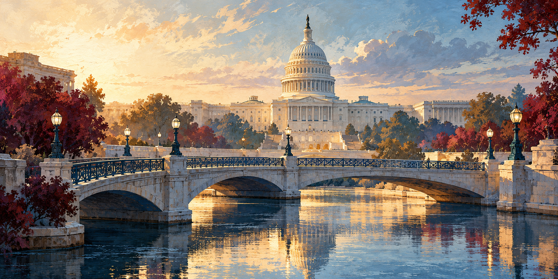 Conceptual illustration of a bridge leading toward the United States Capitol in warm morning light